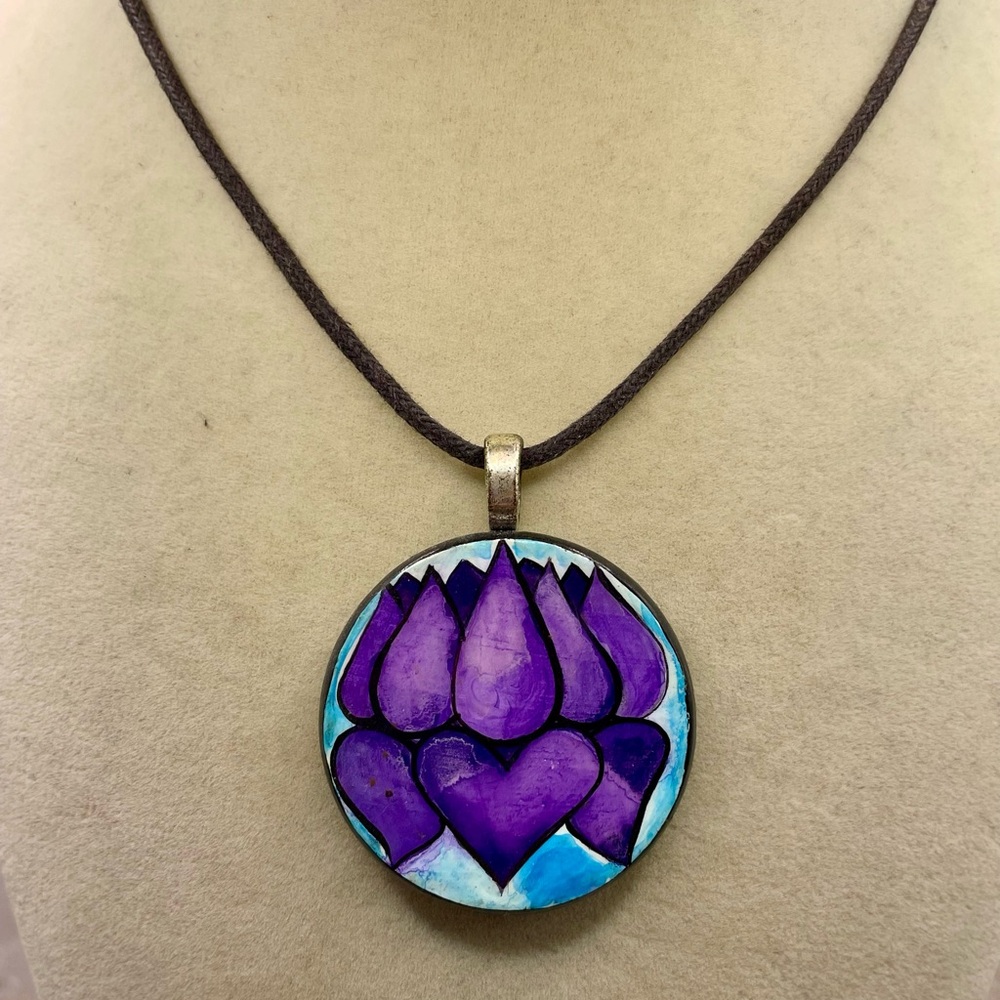 Purple Lotus Flower Painted Wood Pendant on a black cord Necklace